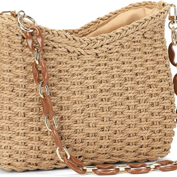 Brown Straw Woven Crossbody Shoulder Bag for Women, Compact & Stylish Summer Pur - Picture 1 of 6